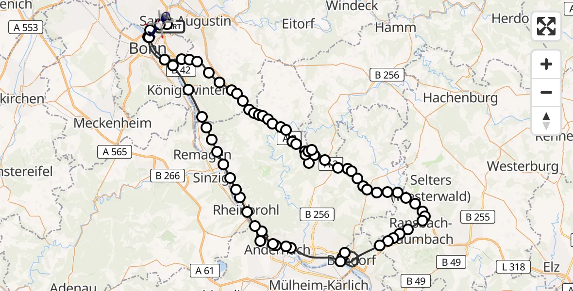 Routekaart van de vlucht: Polizeihubschrauber nach Bonn, Richthofenstraße