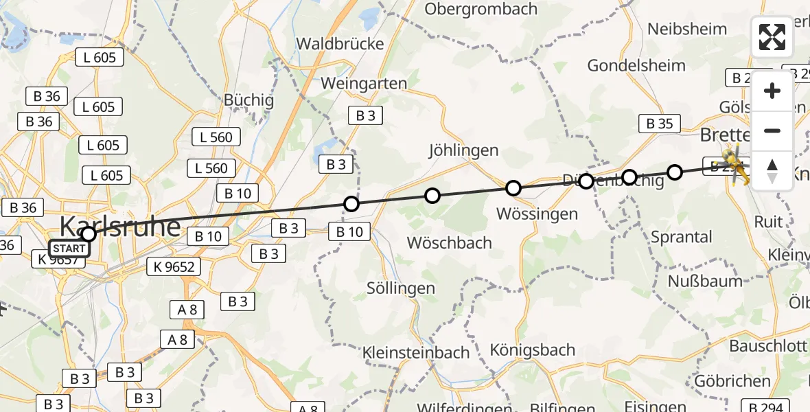 Flugroute Rettungshubschrauber Sankt Vincentius Hospital - Bretten, 23 März 2026, 13:34
