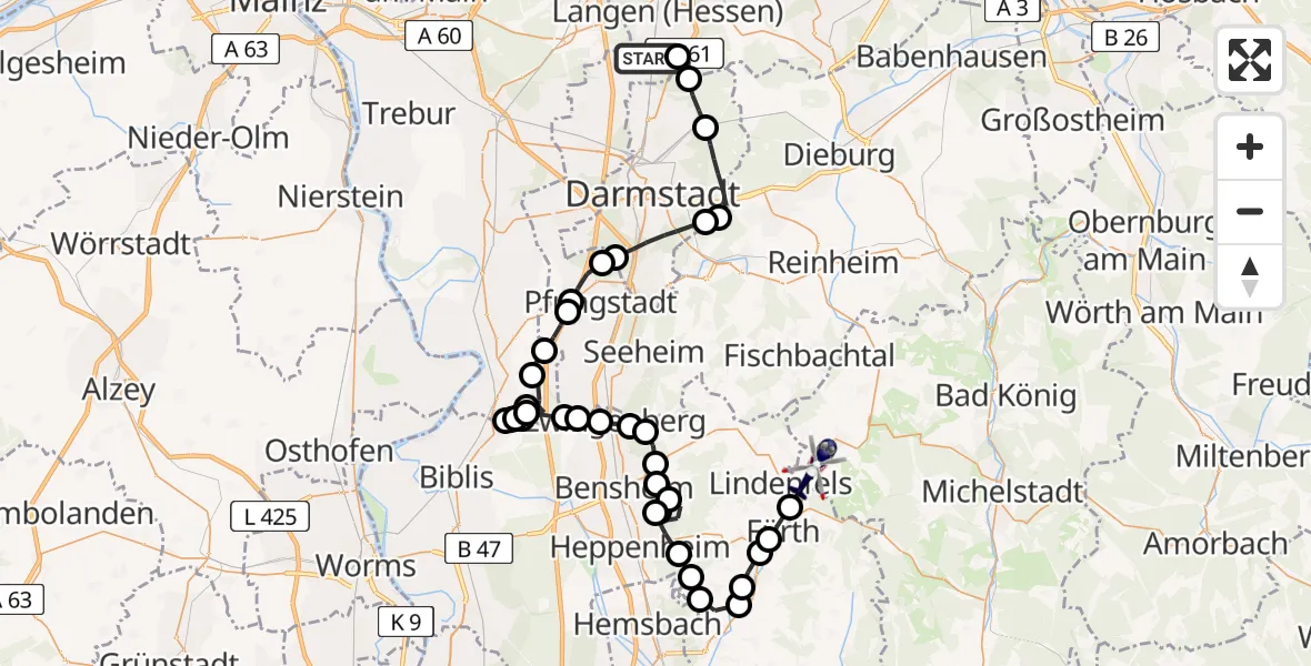 Routekaart van de vlucht: Polizeihubschrauber nach Gumpen, Flughafen Frankfurt-Egelsbach