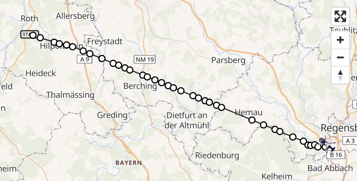 Routekaart van de vlucht: Polizeihubschrauber nach Sinzing, St 2409