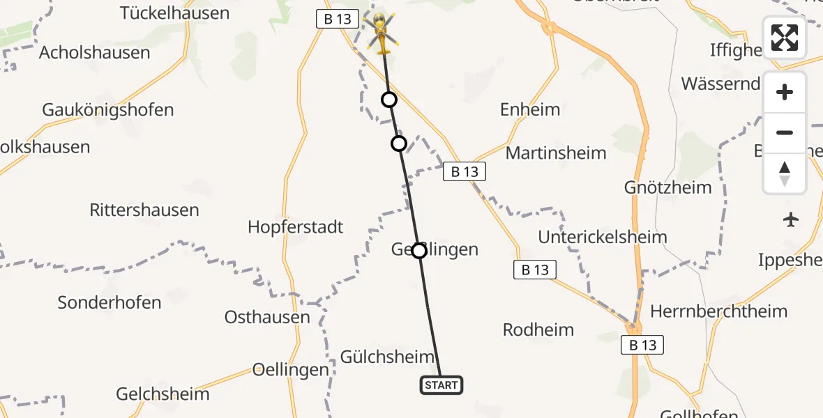 Flugroute Rettungshubschrauber Gülchsheim - Marktbreit, 23 März 2026, 13:53