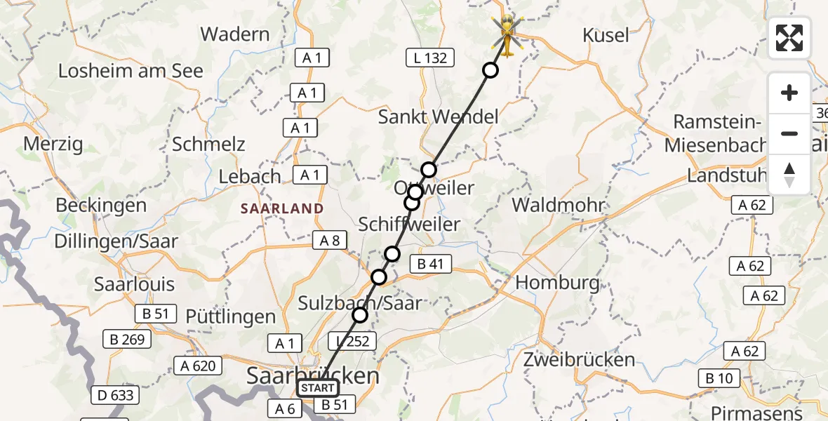 Flugroute Rettungshubschrauber Saarbrücken - Freisen, 23 März 2026, 13:55