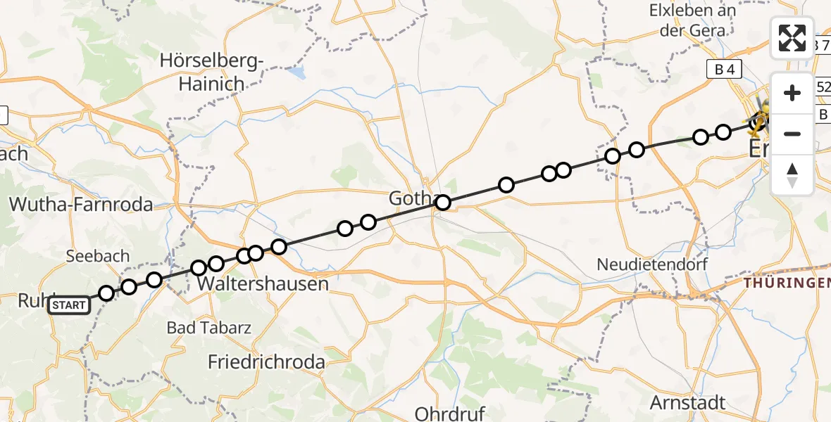 Flugroute Rettungshubschrauber Ruhla - Helios Clinic Erfurt, 23 März 2026, 14:01
