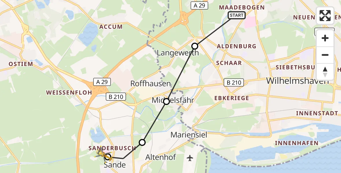 Flugroute Rettungshubschrauber Wilhelmshaven - Sande, 23 März 2026, 14:04