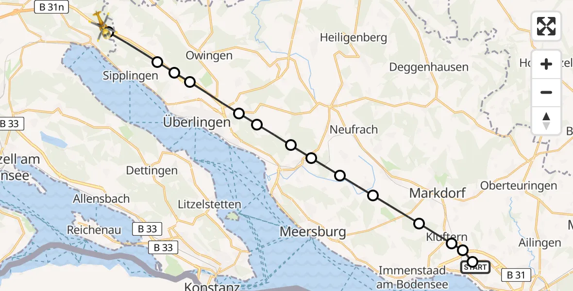 Flugroute Rettungshubschrauber Friedrichshafen Hospital - Ludwigshafen, 23 März 2026, 14:09