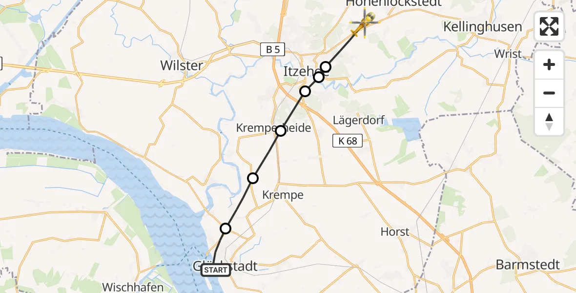 Flugroute Rettungshubschrauber Glückstadt - Schlotfeld, 23 März 2026, 14:13