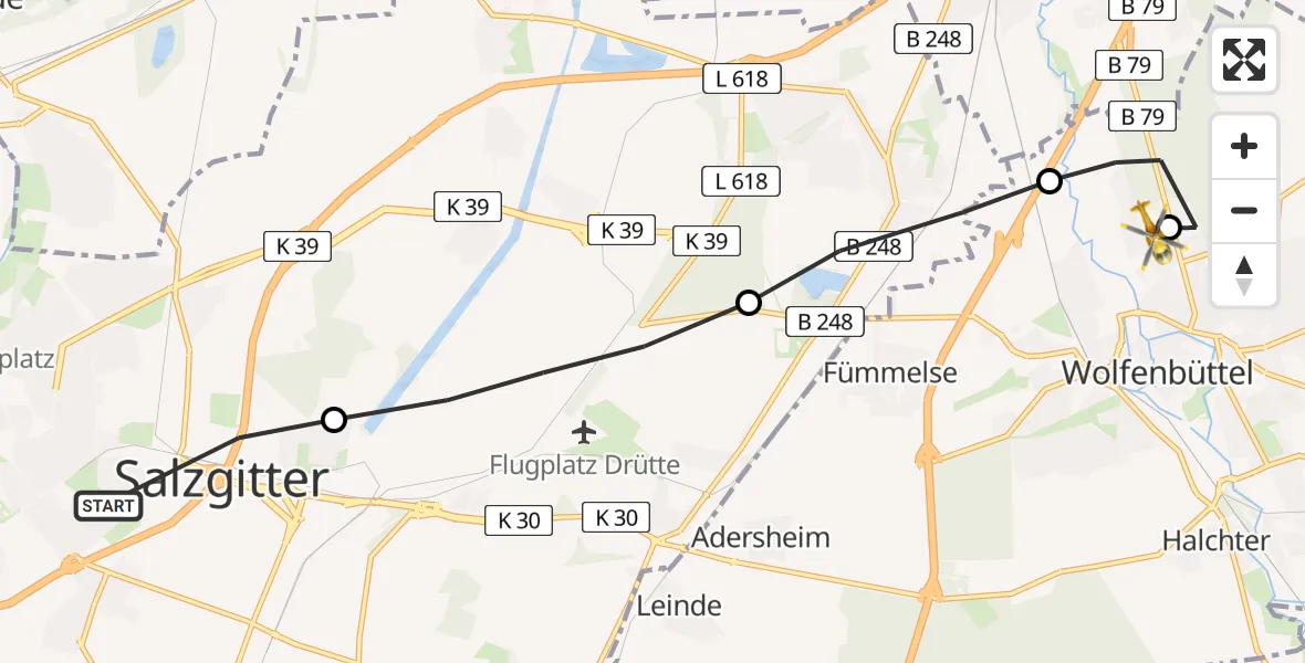 Flugroute Rettungshubschrauber Ortschaft Nord - Wolfenbüttel Municipal Hospital Heliport (Christoph 30), 23 März 2026, 14:14