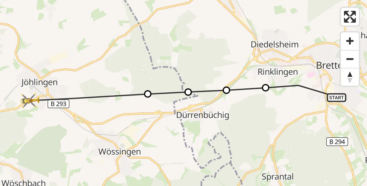 Flugroute Rettungshubschrauber Bretten - Jöhlingen, 23 März 2026, 14:17