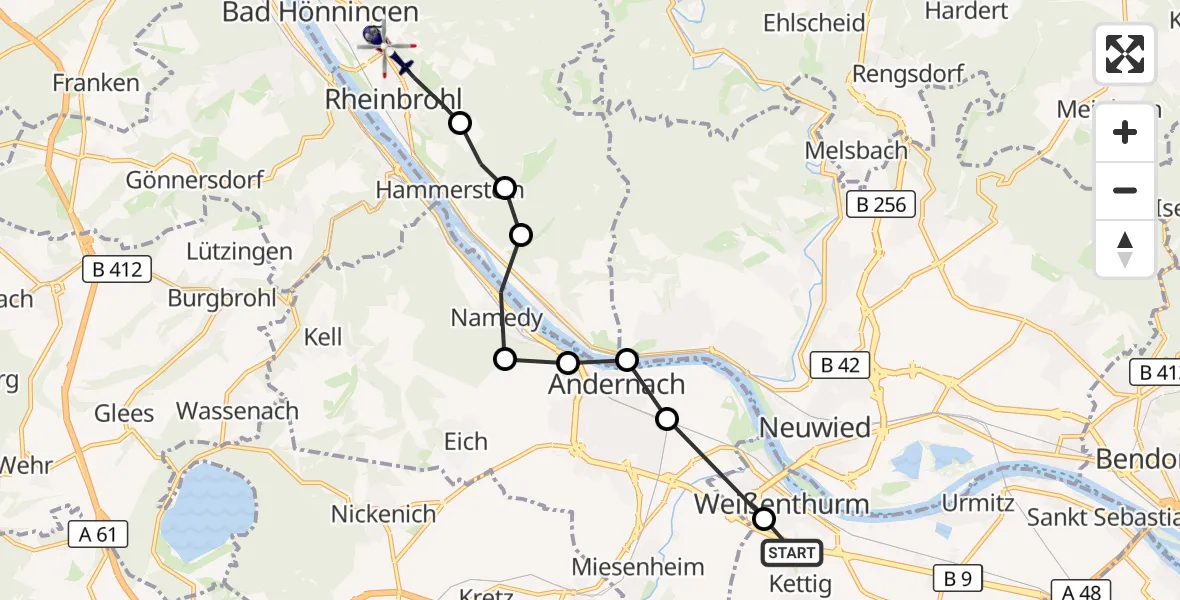 Flugroute Polizeihubschrauber Kettig - Rheinbrohl, 23 März 2026, 14:22
