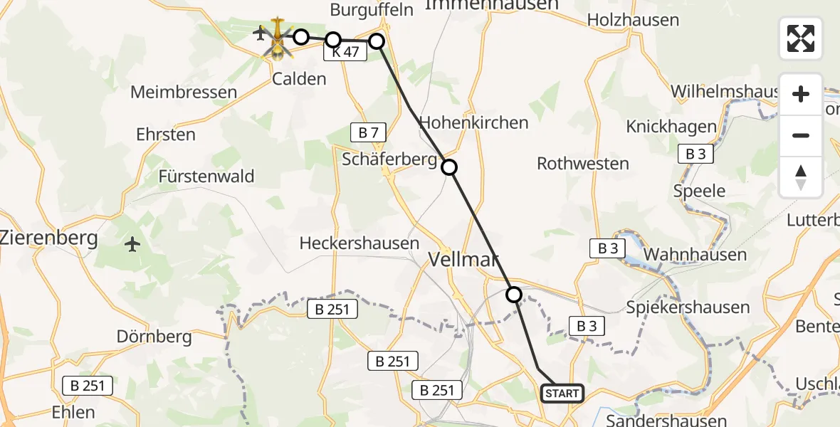 Routekaart van de vlucht: Rettungshubschrauber nach Kassel Flughafen, Mönchebergstraße
