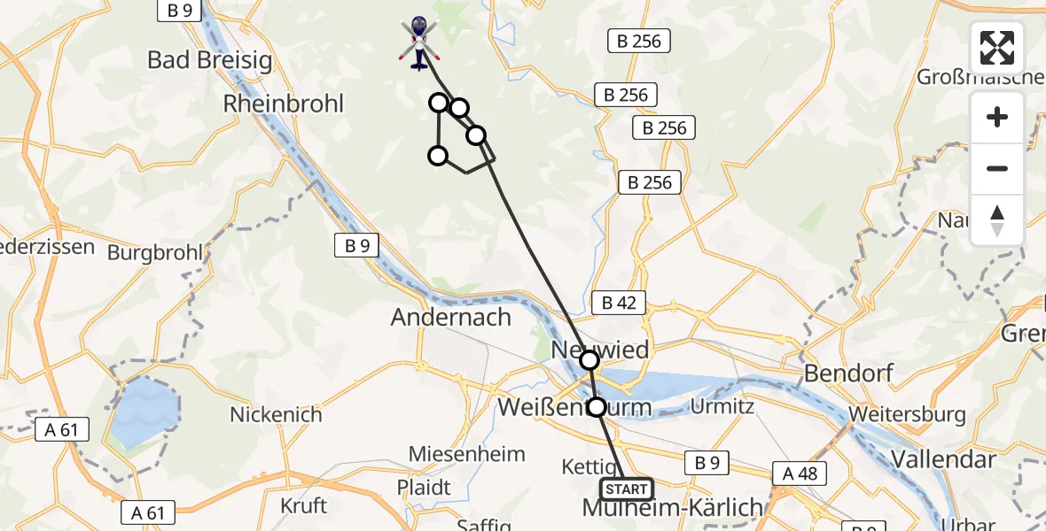 Routekaart van de vlucht: Polizeihubschrauber nach Rheinbrohl, Mülheim-Kärlich