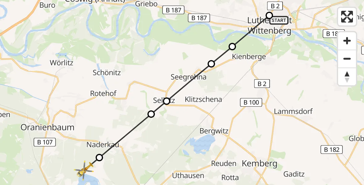 Routekaart van de vlucht: Rettungshubschrauber nach Gräfenhainichen, Paul-Gerhardt-Stift Evangelical Hospital