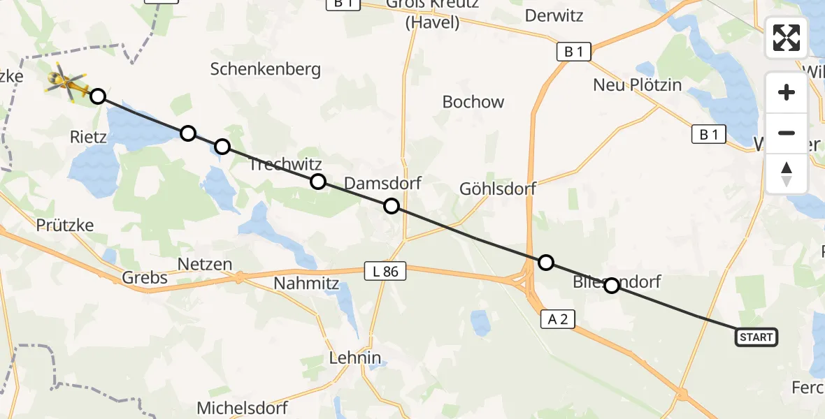 Flugroute Rettungshubschrauber Ferch - Rietz, 23 März 2026, 14:23