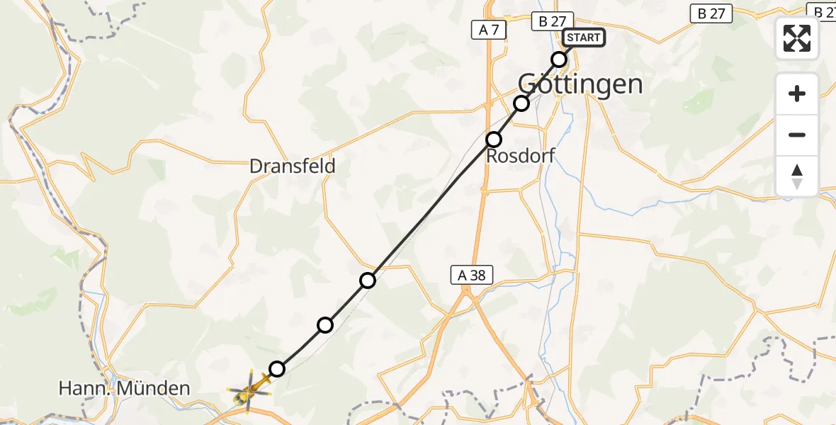 Flugroute Rettungshubschrauber Göttingen University Clinic Hubschrauberlandeplatz - Lippoldshausen, 23 März 2026, 14:23