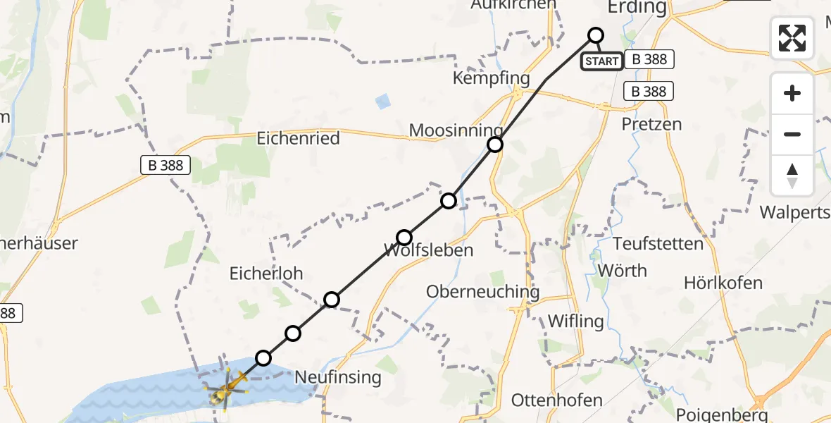 Routekaart van de vlucht: Rettungshubschrauber nach Pliening, Erding District Hospital