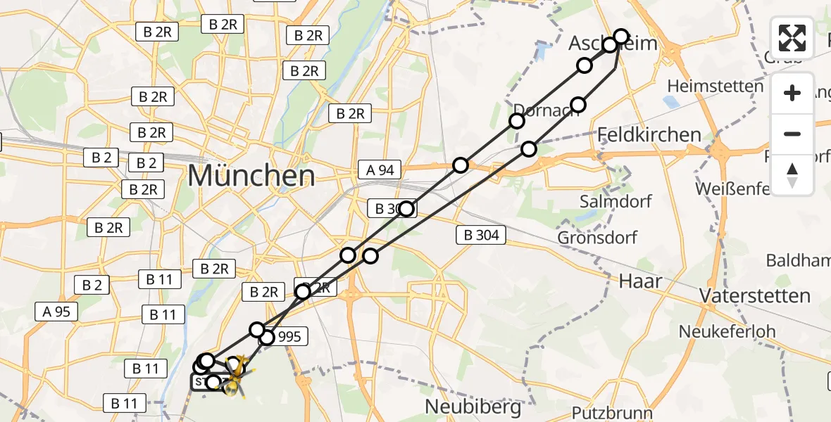 Flugroute Rettungshubschrauber ADAC Air Rescue Center Hubschrauberlandeplatz (Christoph 1) - Perlacher Forst, 23 März 2026, 15:34
