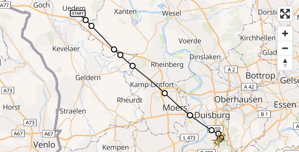 Flugroute Rettungshubschrauber Uedem - Duisburg Air Rescue Hubschrauberlandeplatz (Christoph 9), 23 März 2026, 16:07