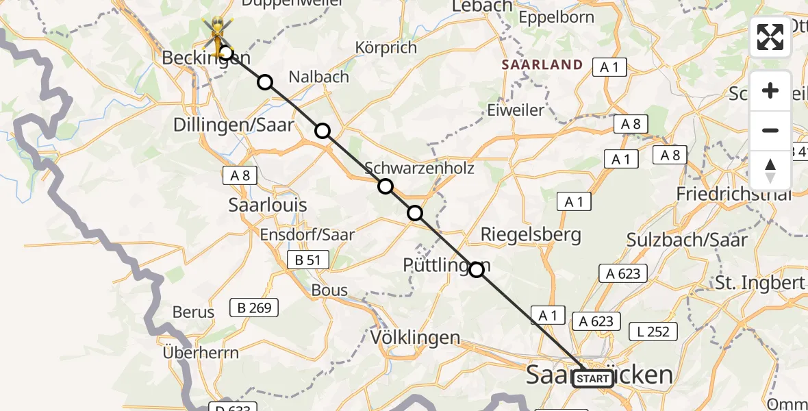 Flugroute Rettungshubschrauber Saarbrücken - Beckingen, 23 März 2026, 16:14