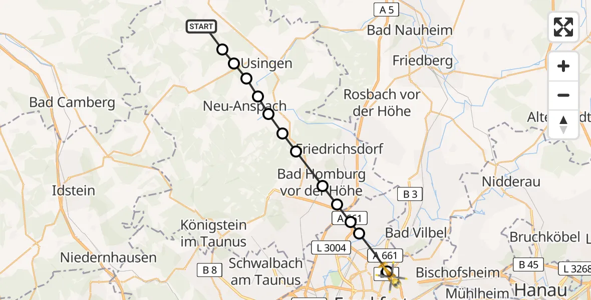 Routekaart van de vlucht: Rettungshubschrauber nach Frankfurt am Main Accident Hospital Roof, L 3063