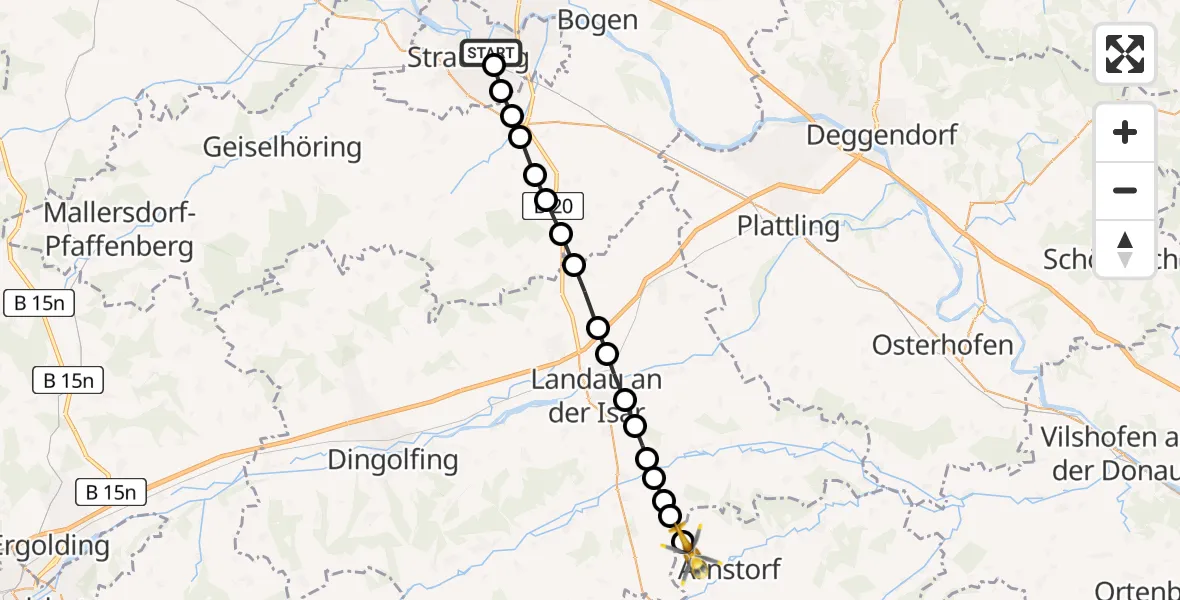 Flugroute Rettungshubschrauber Sankt Elisabeth Hospital Straubing - Arnstorf, 23 März 2026, 16:15