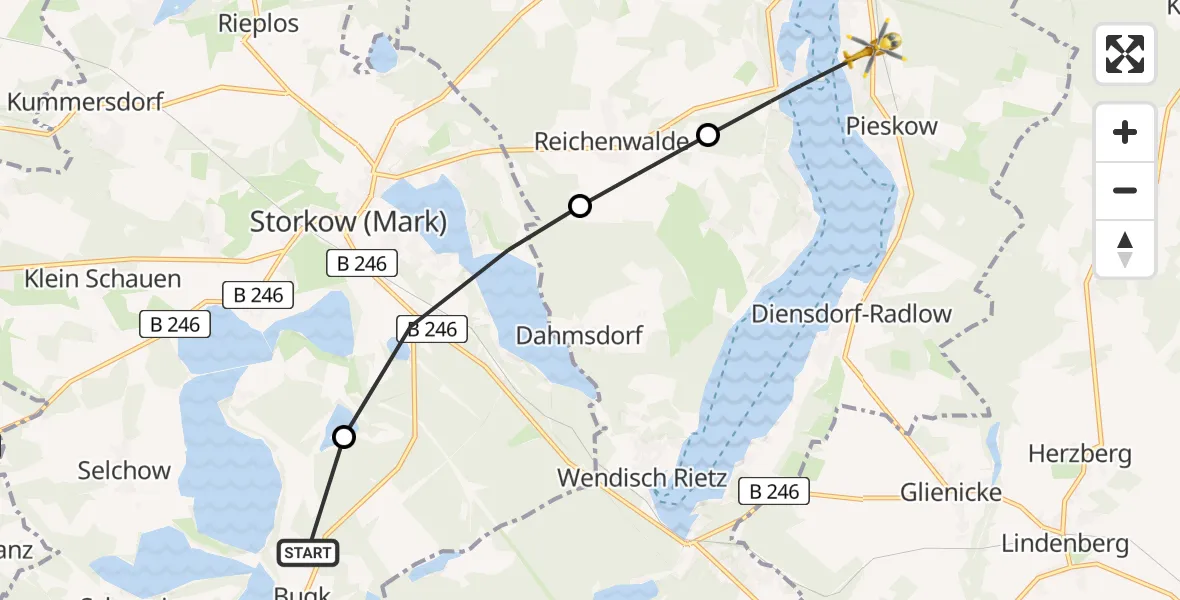 Flugroute Rettungshubschrauber Bugk - Pieskow, 23 März 2026, 16:20