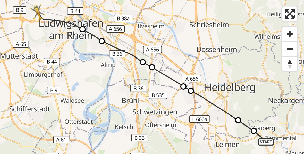 Routekaart van de vlucht: Rettungshubschrauber nach Ludwigshafen Accident Hospital Hubschrauberlandeplatz