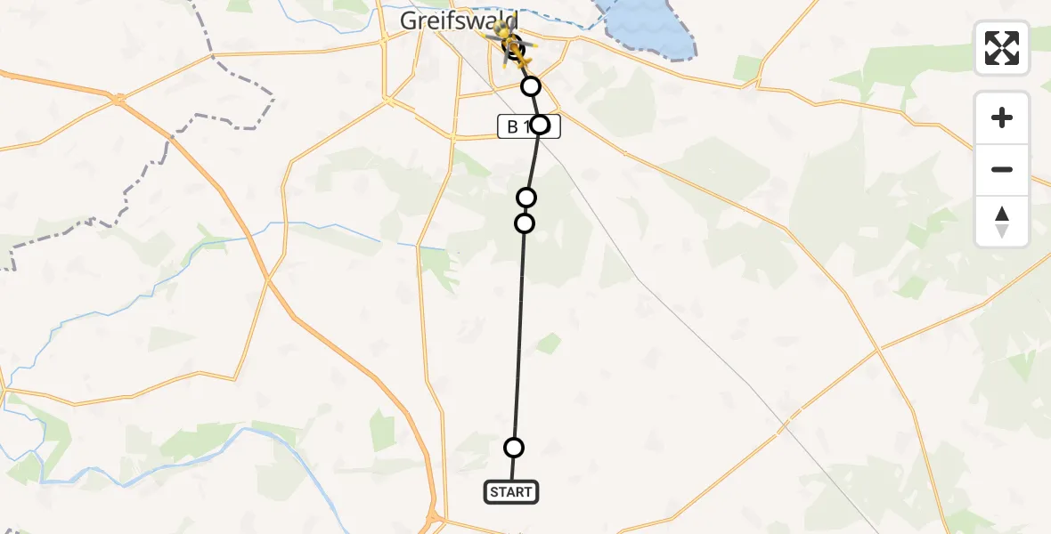 Routekaart van de vlucht: Rettungshubschrauber nach Greifswald Hospital