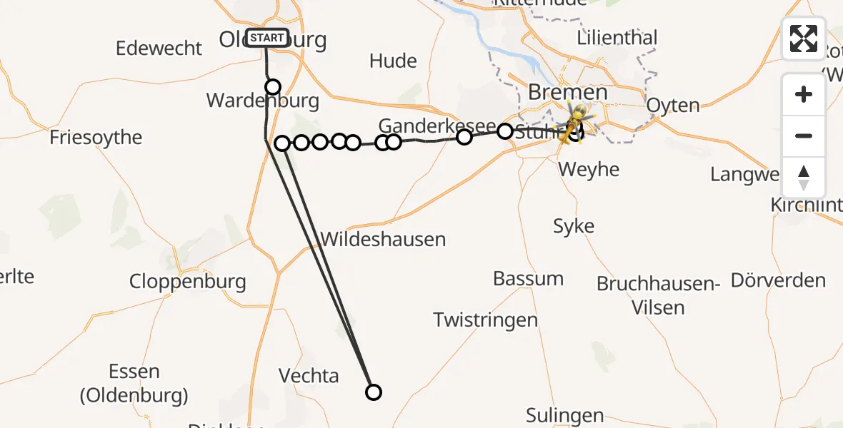 Flugroute Rettungshubschrauber Oldenburg - ADAC Air Rescue Station Bremen Hubschrauberlandeplatz (Christoph 6), 23 März 2026, 16:29