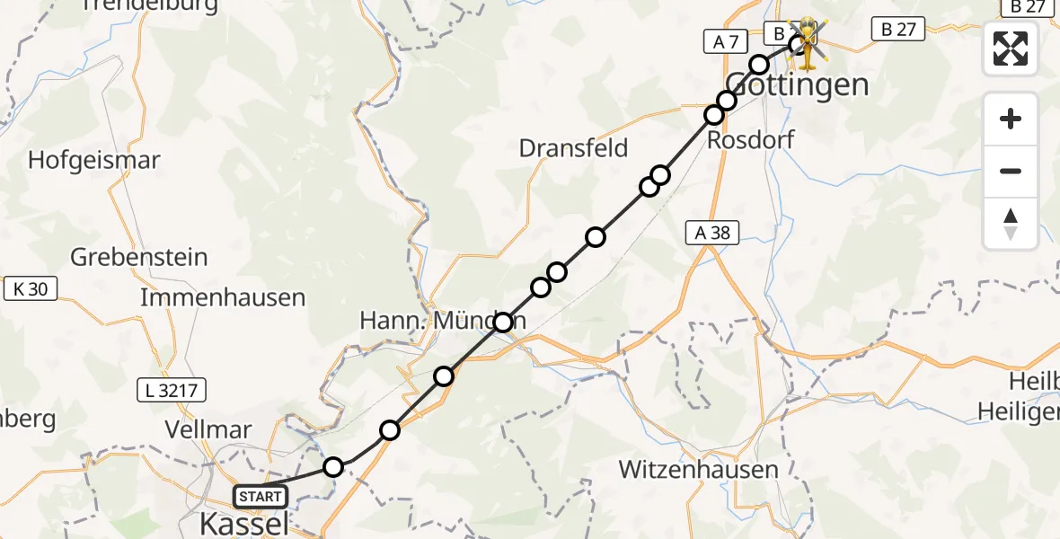 Flugroute Rettungshubschrauber Kassel - Göttingen University Clinic Hubschrauberlandeplatz, 23 März 2026, 16:31
