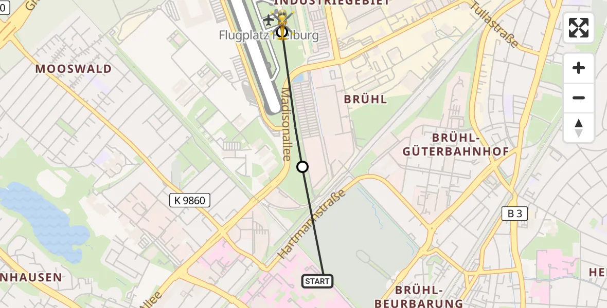 Routekaart van de vlucht: Ambulanzhubschrauber nach Freiburg im Breisgau Flugplatz