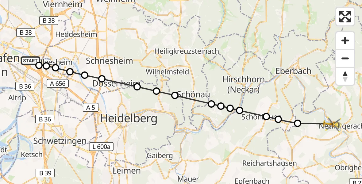 Flugroute Rettungshubschrauber Mannheim-City Flughafen - Neunkirchen, 23 März 2026, 16:41
