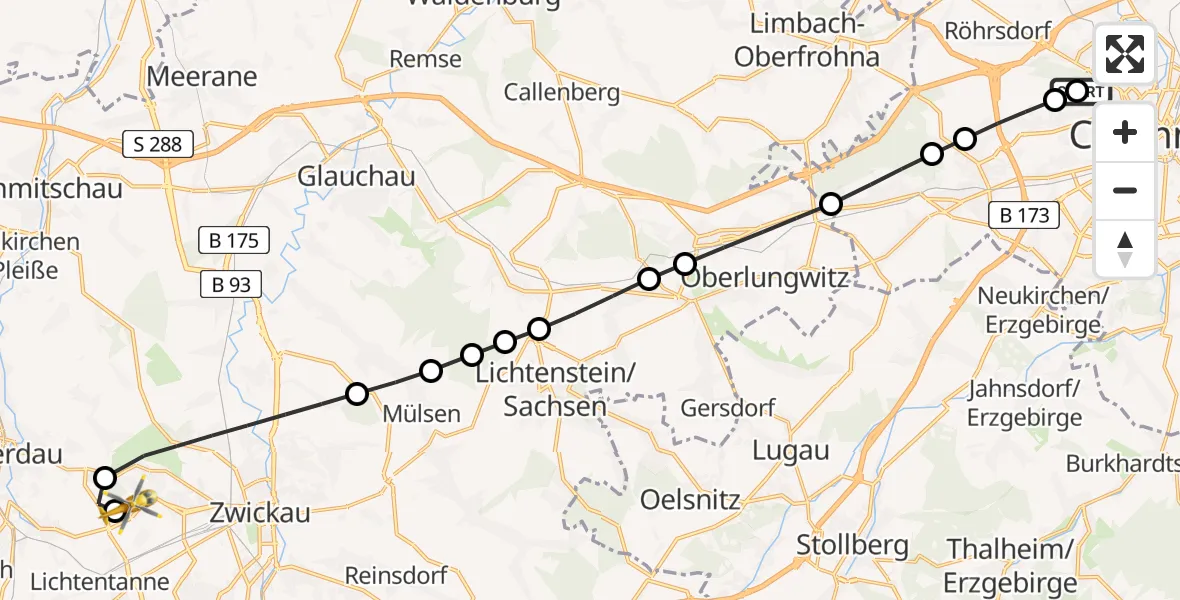 Routekaart van de vlucht: Rettungshubschrauber nach ADAC Air Rescue Station Zwickau Hubschrauberlandeplatz