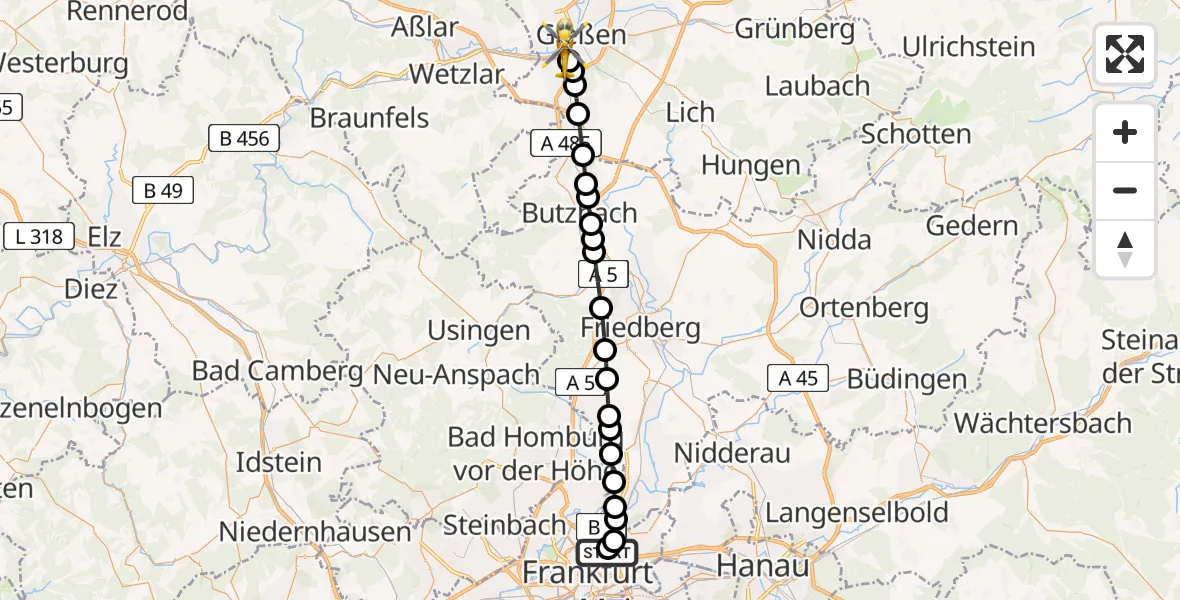 Routekaart van de vlucht: Rettungshubschrauber nach Gießen, Lahnstraße