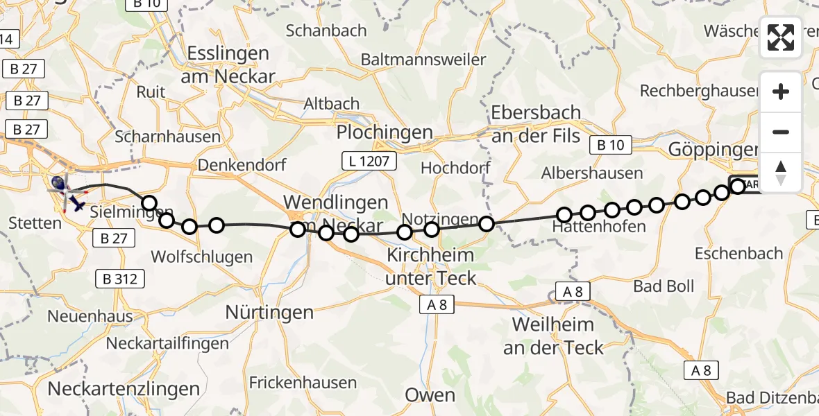 Flugroute Polizeihubschrauber Göppingen (Kernstadt) - Flughafen Stuttgart, 23 März 2026, 17:07