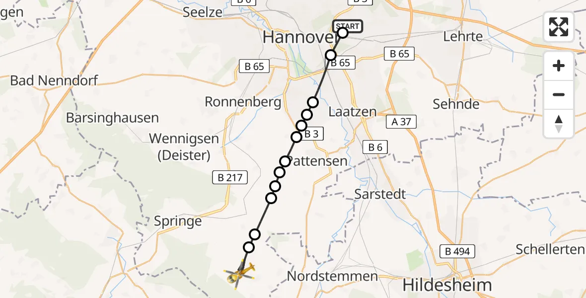 Flugroute Rettungshubschrauber Hannover Luftrettung Hubschrauberlandeplatz (Christoph 4) - Holtensen, 23 März 2026, 17:10