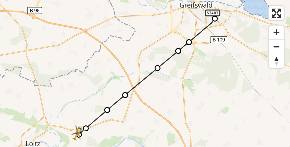 Flugroute Rettungshubschrauber Greifswald Hospital - Trantow, 23 März 2026, 17:10