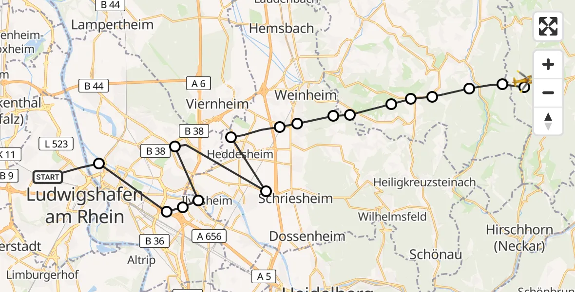 Flugroute Rettungshubschrauber Ludwigshafen am Rhein - Raubach, 23 März 2026, 17:18