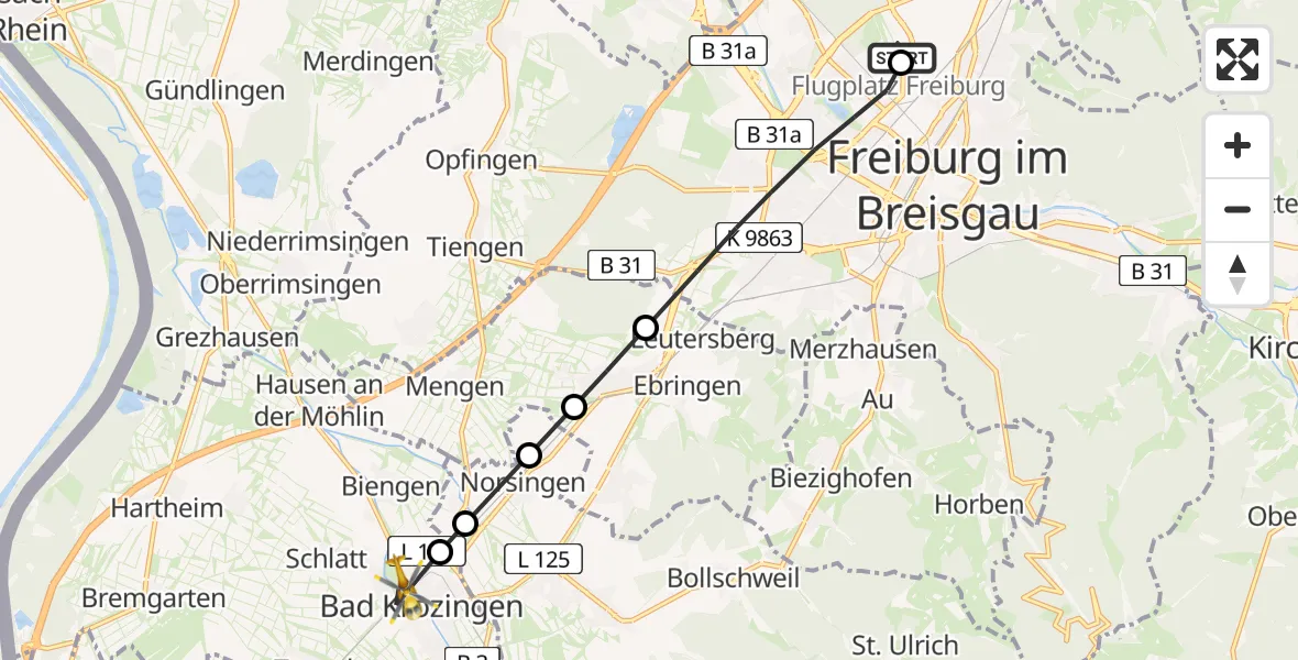 Flugroute Ambulanzhubschrauber Freiburg im Breisgau Flugplatz - Bad Krozingen (Kernstadt), 23 März 2026, 17:25