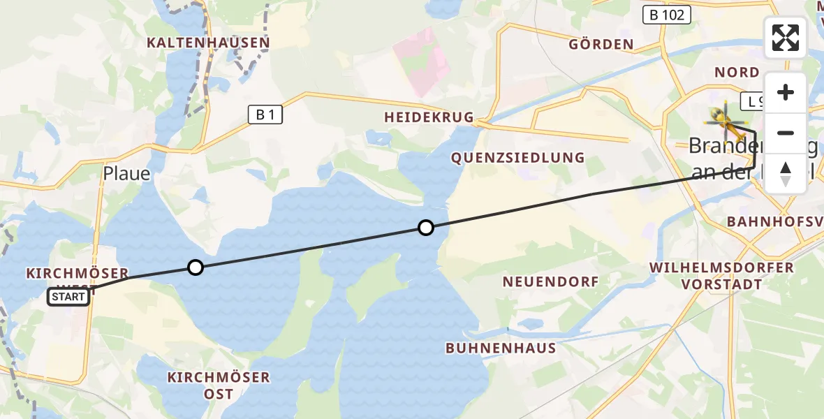 Flugroute Rettungshubschrauber Kirchmöser - Brandenburg an der Havel, 23 März 2026, 17:26