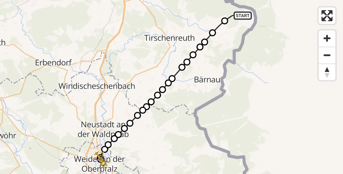 Flugroute Rettungshubschrauber Mähring - Weiden Hospital, 23 März 2026, 17:27