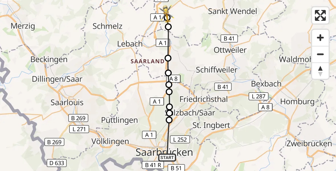 Flugroute Rettungshubschrauber Saarbrücken - Sotzweiler, 23 März 2026, 17:29