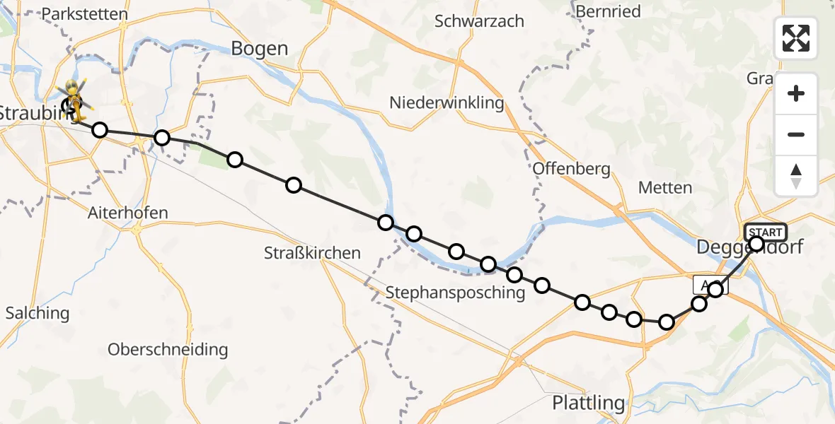 Flugroute Rettungshubschrauber Kleinfilling - Sankt Elisabeth Hospital Straubing, 23 März 2026, 17:36