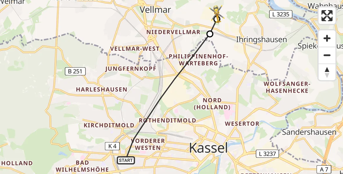 Flugroute Rettungshubschrauber Kassel - Fuldatal Bundespolizei Hubschrauberlandeplatz, 23 März 2026, 17:37