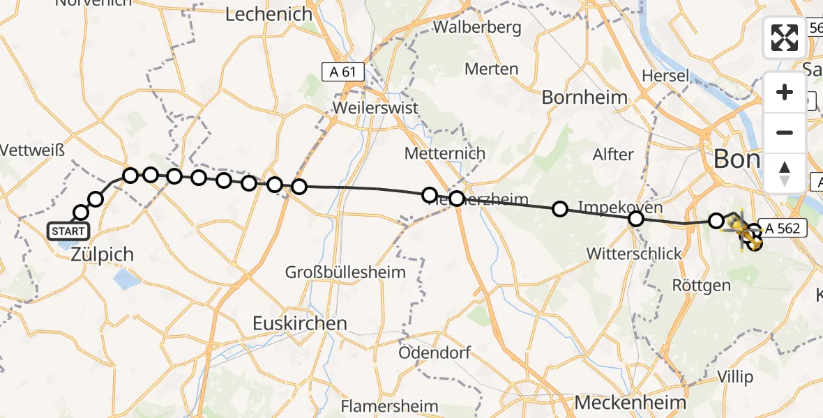 Flugroute Rettungshubschrauber Füssenich - Bonn University Hospital, 23 März 2026, 17:42