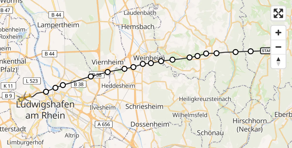 Routekaart van de vlucht: Rettungshubschrauber nach Ludwigshafen Accident Hospital