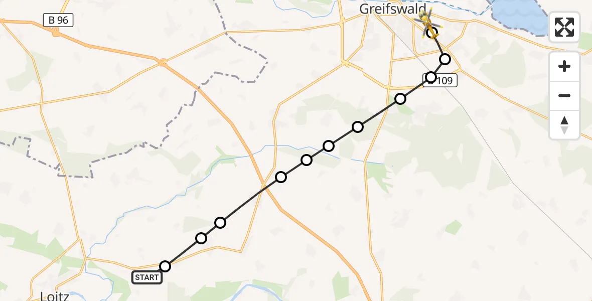 Flugroute Rettungshubschrauber Trantow - Greifswald Hospital, 23 März 2026, 17:47
