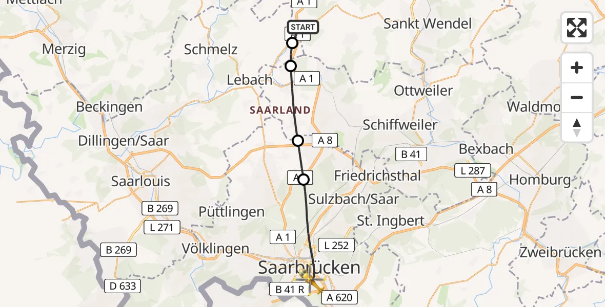 Flugroute Rettungshubschrauber Sotzweiler - Saarbrücken, 23 März 2026, 17:48