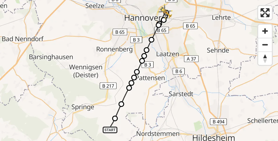 Flugroute Rettungshubschrauber Springe - Hannover Luftrettung Hubschrauberlandeplatz (Christoph 4), 23 März 2026, 17:49