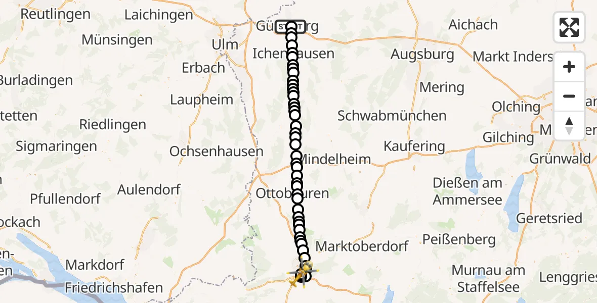 Flugroute Rettungshubschrauber Günzburg Hospital - Kempten-Durach Flugplatz, 23 März 2026, 17:52