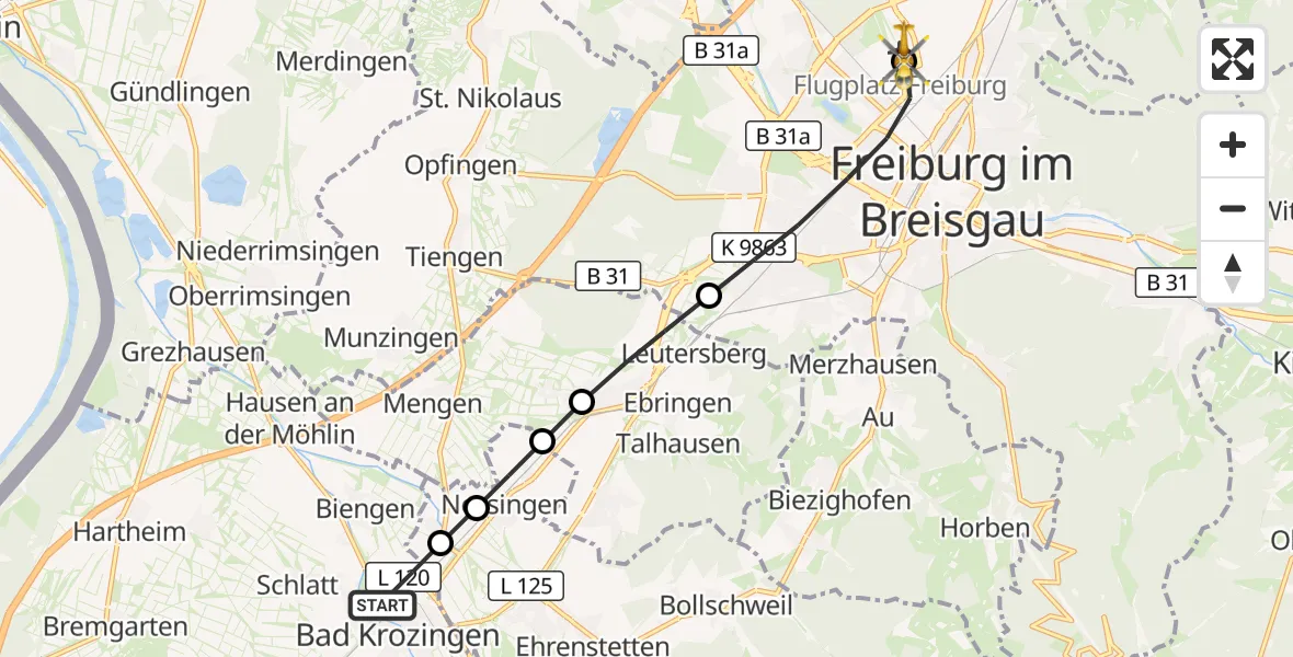 Flugroute Ambulanzhubschrauber Bad Krozingen (Kernstadt) - Freiburg im Breisgau Flugplatz, 23 März 2026, 17:55